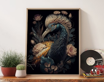Extraordinary Crane Bird Vintage Poster, Botanical Print Floral Wall Art, Vintage Wall Decor, Elegant Home Decor Vintage Art Print