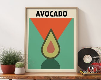 Minimalist  Avocado Art, Retro Print, Boho Wall Art Print - Modern Avocado  Art - Avocado  Kitchen Decor - Vintage Poster - Bauhaus Inspire