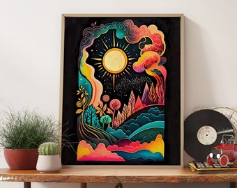 Kleurrijke abstracte landschapskunst, eigentijds muurdecoratie