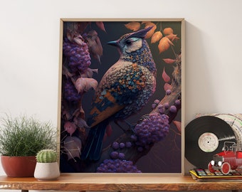 Purple Bird Wall Art Vintage Poster, Botanical Print Floral Wall Art, Elegant Home Decor Vintage Art Print, Dark Academia Prints