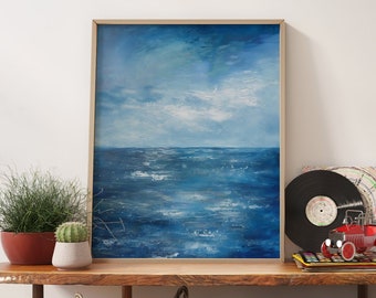 Indigo Ocean Abstract Oil Painting - Seaside Home Wall Decor Giclee Print - Modern Art Print for Coastal Living Room,  Impasto Poster