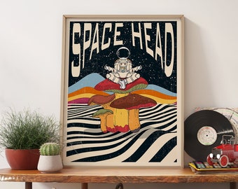 Astronaut 70s Wall Art Retro Print Quote Poster, Space Retro Wall Art 70s Home Decor, Mushroom Wall Art Hippie Home Decor