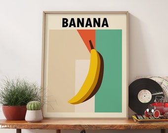 Minimalist Banana Art, Retro Print, Boho Wall Art Print - Modern Banana Art - Fruit Kitchen Decor - Vintage Poster - Bauhaus Inspired