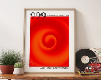 Angel Number 999 Red Gradient Aura Poster, Spiritual Wall Art