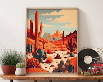 Boho Terracotta Cactus Wall Art Print, Mid-century Modern Desert Landscape Poster,  Abstract Cactus Poster Boho Aesthetic Decor