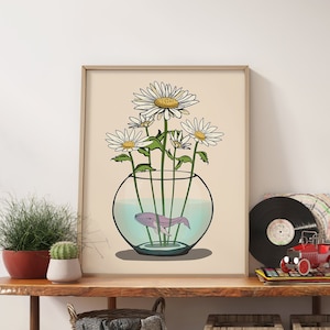Boho humpback whale art 70s retro wall art I Daisy print flower art I Retro poster daisy wall art I Vintage color pallette wall decor