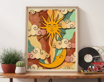 Sun and Moon Vintage Poster, Retro 70s Hippie Decor