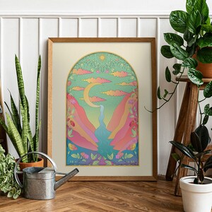 Impresión de pared surrealista del cartel del paisaje de la luna abstracta, ilustraciones del ilustrador de la luna en colores pastel, arte de la pared de la luna de Boho, decoración del hogar retro de los años 70