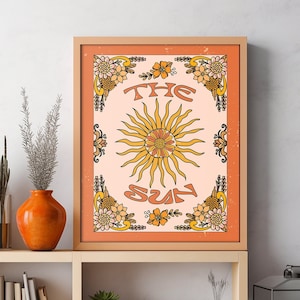 Decoración de los años 70 Arte maximalista de la pared del sol, decoración del apartamento del cartel retro, impresión moderna del sol de los años 70 de mediados de siglo, arte espiritual de la pared del sol, arte floral de los años 70