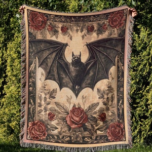 Gothic Bat Throw Blanket, Red Rose Blanket, Dark Aesthetic for Gothic Bedroom, Halloween Blanket Tapestry, Gothic Blanket, Goth Blanket