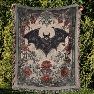 Gothic Bat Throw Blanket, Red Rose Blanket, Dark Aesthetic for Gothic Bedroom, Halloween Blanket Tapestry, Gothic Blanket, Goth Blanket