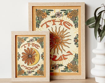 Sun and Moon 70s Art Print Set, Retro Home Decor