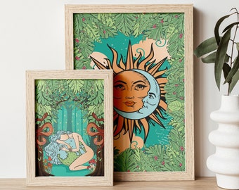 Moon and Sun Gallery Wall Art Set, 70s Retro Prints