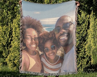 Personalized Photo Woven Cotton Blanket, Custom Family Photo Blanket, Customizable Blanket Family Keepsake Gift