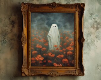 Ghost in the Poppy Field Dark Academia Art, Spooky Decor Halloween Wall Art, Vintage Poster Ghost Art Print, Gothic Decor Weird Art