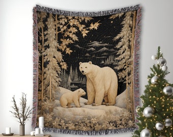 Christmas Woven Cotton Blanket, Polar Bear and Cub Art, Holiday Wall Decor