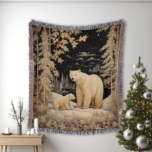 Christmas Cotton Woven Blanket, Polar Bear and Cub Vintage Art Woven New Year Blanket, Christmas Tapestry Wall Decor - Holiday Gift