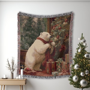 Christmas Cotton Woven Blanket, Polar Bear and Cub Vintage Art Woven New Year Blanket, Christmas Tapestry Wall Decor - New Year Gift