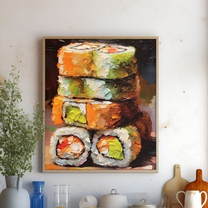 Modern Sushi Art Print - Abstract Kitchen Wall Decor - Giclee Food Wall Print - Japanese Cuisine Wall Art, Impasto Poster