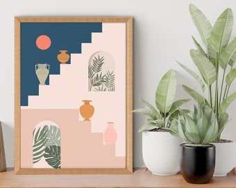 Boho Moroccan Architecture Print – Pastel Pottery, Stairs Art