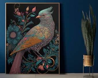 Antique Floral Print,  Moody Floral Print, Vintage Floral Wall Art Print, Bird and Floral Art, Dark Art Print Vintage Poster