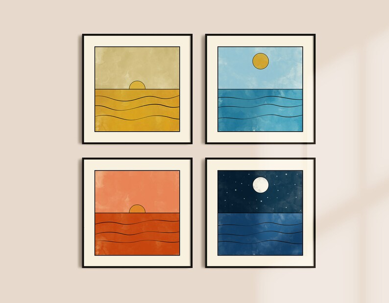 Set of 4 Square Wall Art Sunrise Sunset Abstract Art Print Etsy