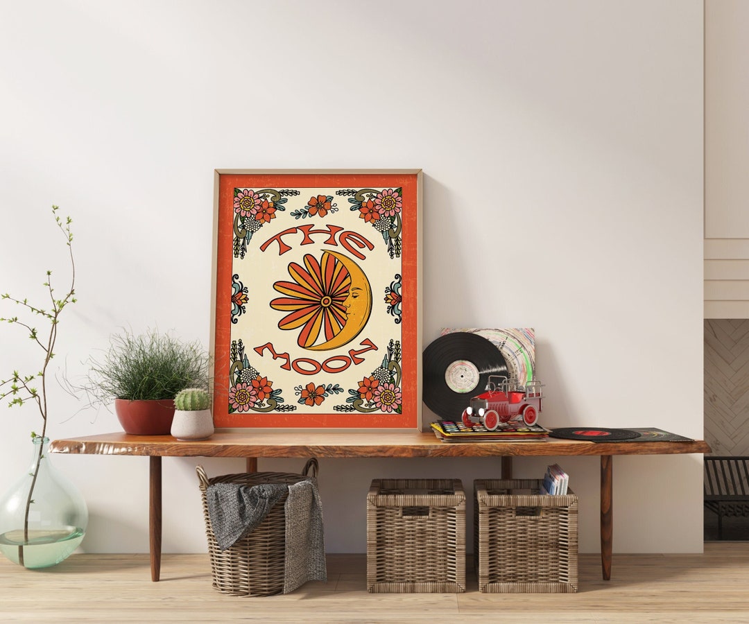 70s Floral Moon Art Print, Retro Flower Power Poster - Etsy