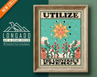 70s style wall art Preppy Room Decor, Sun Poster Indie Room Decor Affirmation poster Universe Energy Quote Wall Art, Retro Trendy Y2k Poster