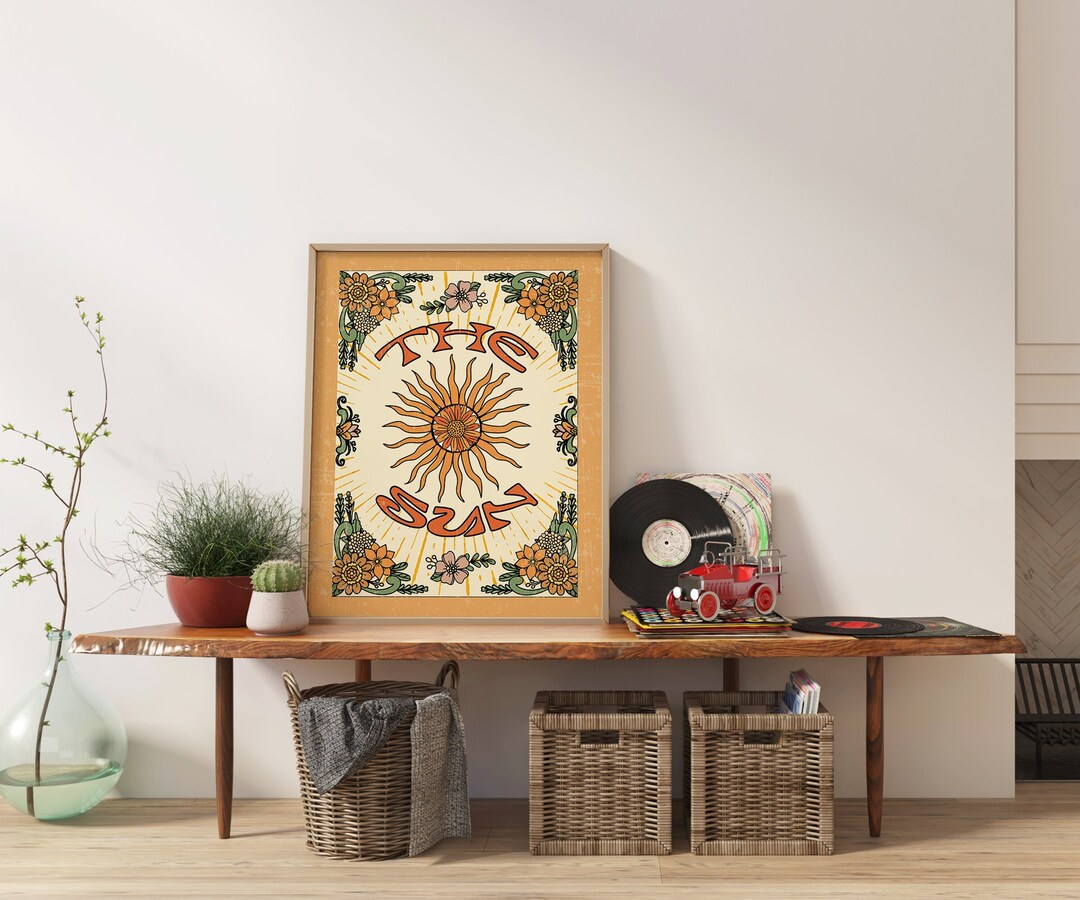 70s Decor Sun Poster I Vintage Wall Art Retro Decor I 70s Flower Frame ...