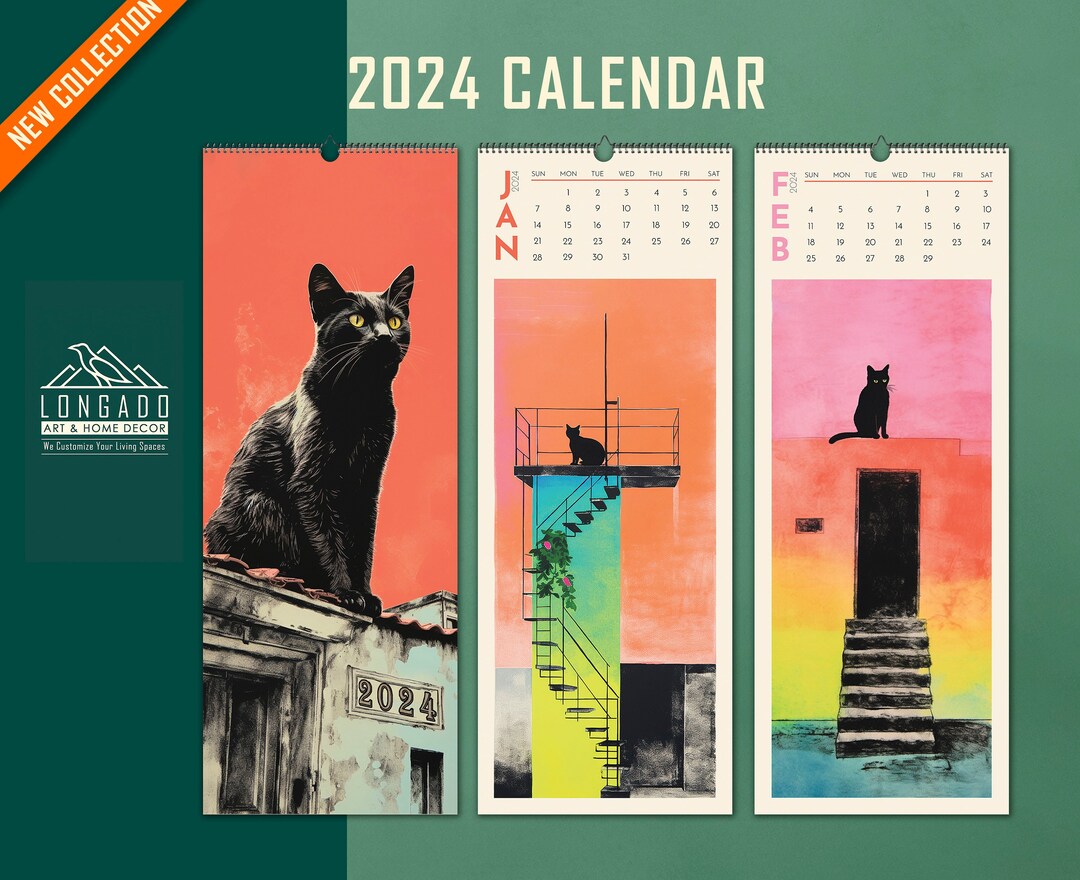 Minimalist 2024 Wall Calendar Black Cat Retro Wall Calendar Etsy