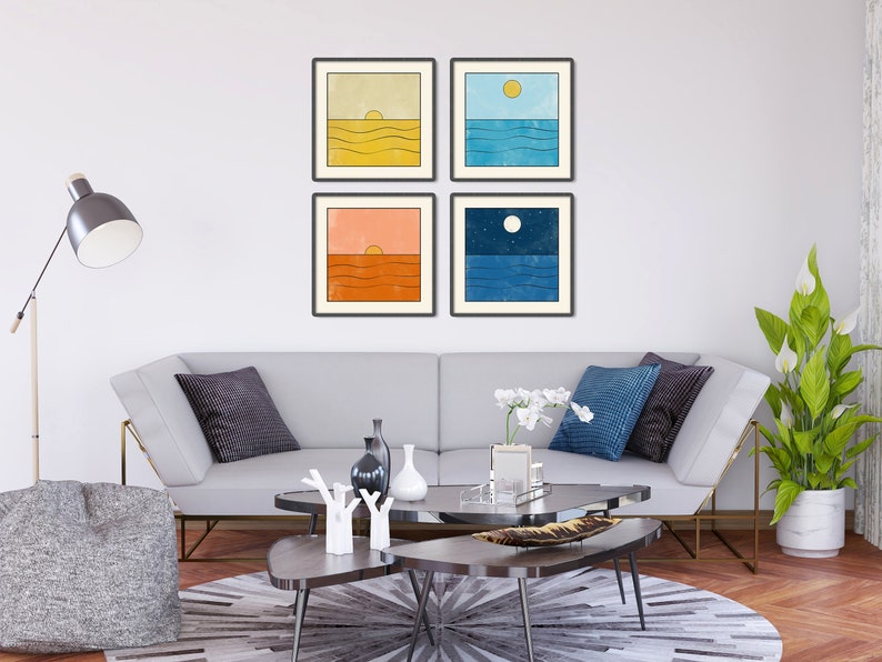 Set of 4 Square Wall Art Sunrise Sunset Abstract Art Print Etsy