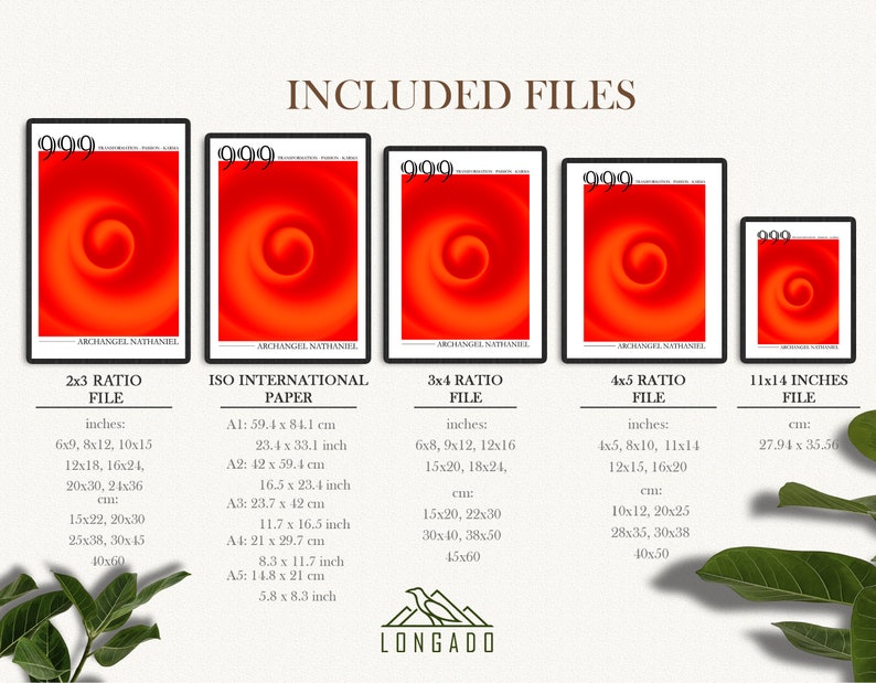 Puede incluir: Cinco archivos de impresi&oacute;n de arte digital en diferentes tama&ntilde;os, incluyendo proporciones de 2x3, 3x4, 4x5 y 11x14 pulgadas. Las impresiones presentan un dise&ntilde;o de remolino rojo y naranja con el texto "999" y "Archangel Nathaniel".
