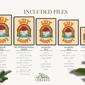 May include: A set of digital printable wall art featuring a retro illustration of a smiling cartoon character sitting on a mushroom under a rainbow with the text "Stay Groovy". The art is available in five different sizes: 2x3 ratio, ISO international paper sizes, 3x4 ratio, 4x5 ratio, and 11x14 inches.