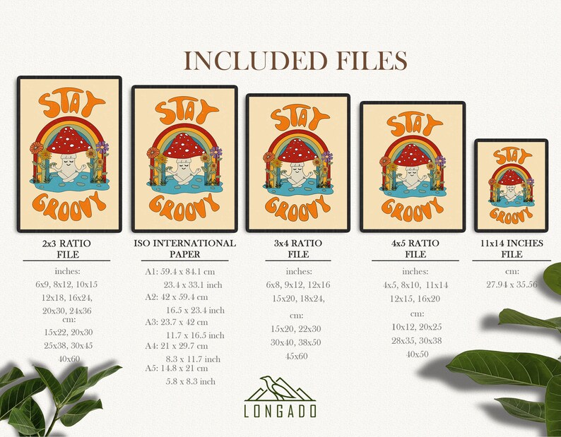 May include: A set of digital printable wall art featuring a retro illustration of a smiling cartoon character sitting on a mushroom under a rainbow with the text "Stay Groovy". The art is available in five different sizes: 2x3 ratio, ISO international paper sizes, 3x4 ratio, 4x5 ratio, and 11x14 inches.