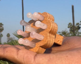 Rose Quartz Flower Scalp Comb | Wooden Handle Hair Care Tool