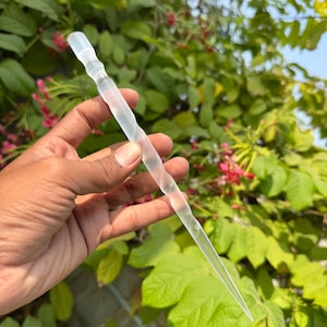 Può includere: Una bacchetta di vetro trasparente e allungata con un design a spirale strutturato. La bacchetta è tenuta contro uno sfondo di fogliame verde e fiori rosa, suggerendo un tema naturale o botanico.
