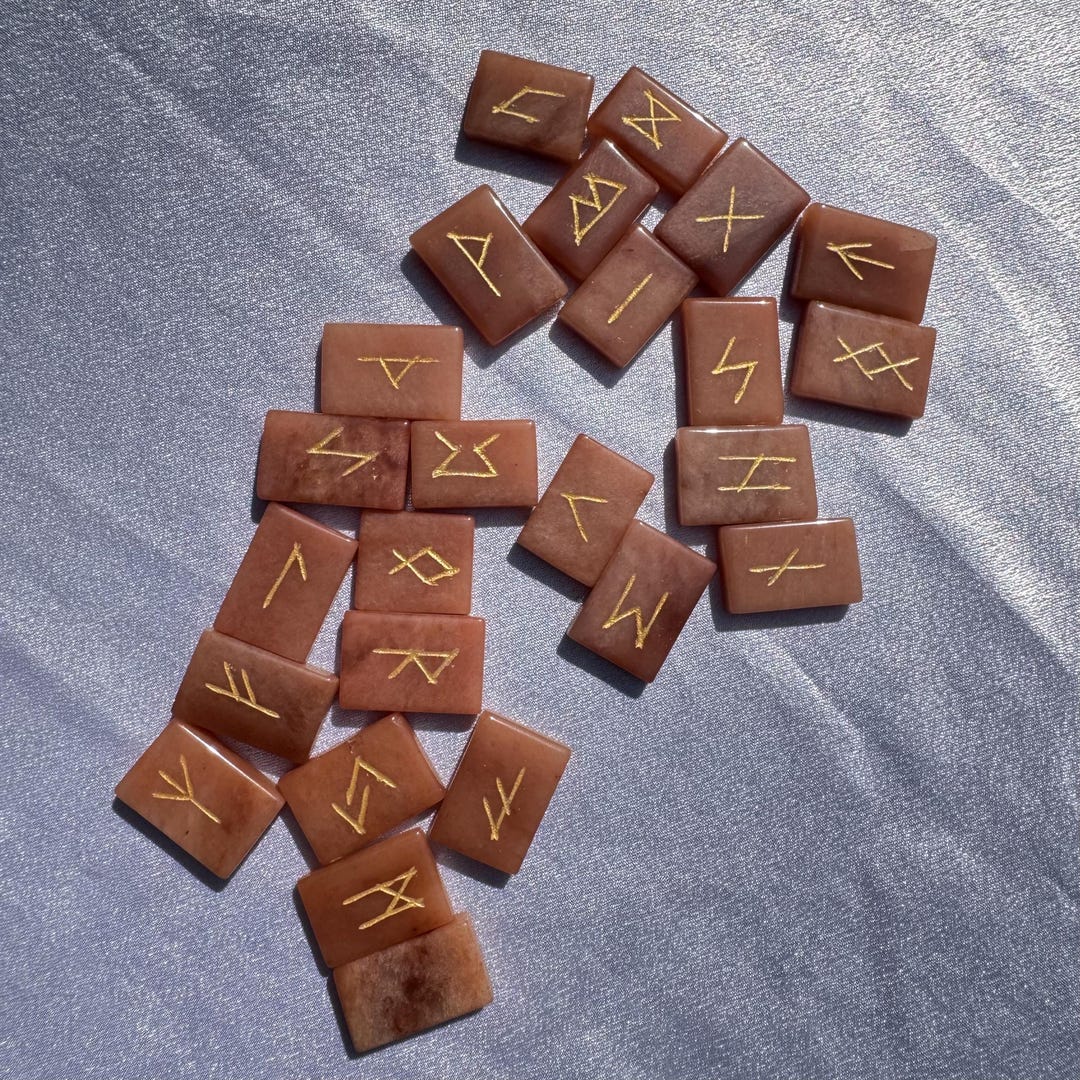 Natural Red Aventurine Rune Set – 25 Flat Engraved Stones With Velvet ...