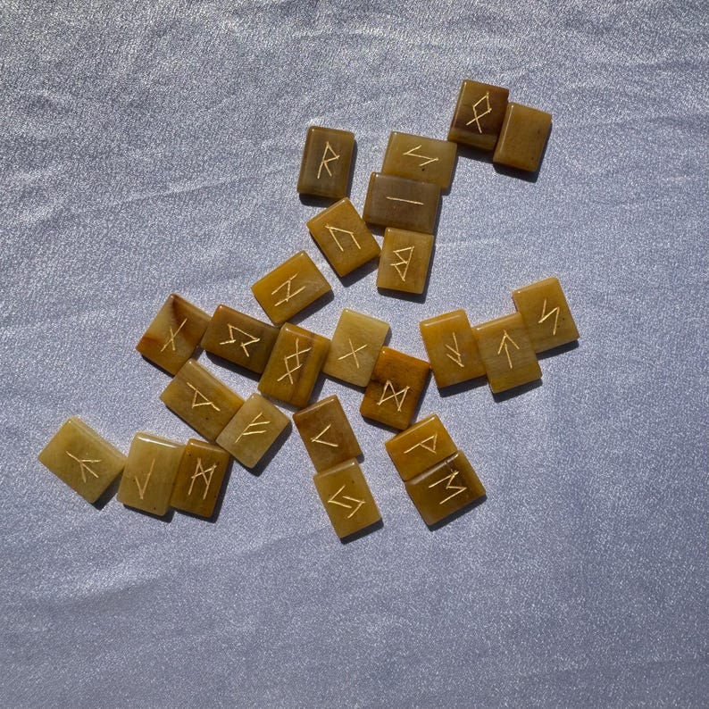 Natural Rune Shell Natural Yellow Aventurine Rune Stone Set 1 – 25 Polished Runes of Joy ...