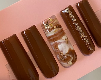 Chocolate brown marble press on nails