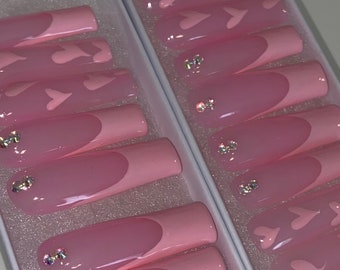 Valentines Day nails Pink French press on nails | French tip heart nails | pink nails | square press on nails | 10 pc press on nails