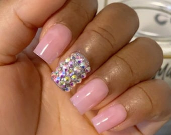 Neutral Pink + Gems Press on nails | Bling press on nails | Press ons | Neutral short nails, Short Square Press on Nails
