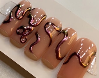 3D swirls abstract chrome press on  nails| Y2K chrome nails | metalic press on nails | pink chrome