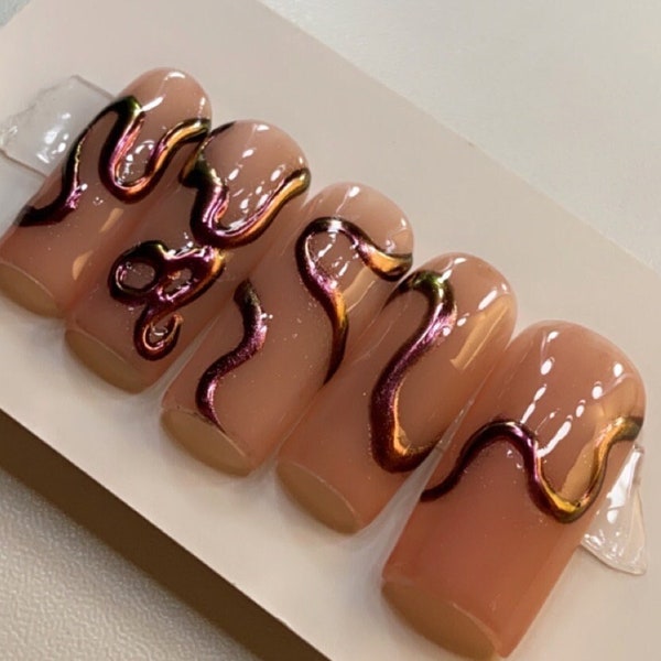 3D swirls abstract chrome press on  nails| Y2K chrome nails | metalic press on nails | pink chrome