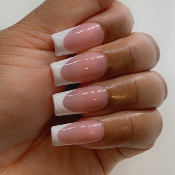 Deep French Press ons - Classic white and pink  French Tip Nails |classic frenchies | white French tip | Fall press on nails