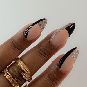Black and Silver Press on Nails Almond Press on Nails - Etsy