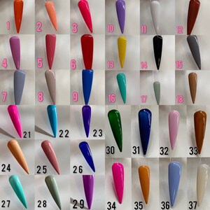 May include: Thirty-seven different colored nail polish bottles arranged in rows. The bottles are all the same size and shape, and they are arranged in a grid pattern. The colors of the nail polish include red, blue, green, pink, orange, purple, yellow, and white.