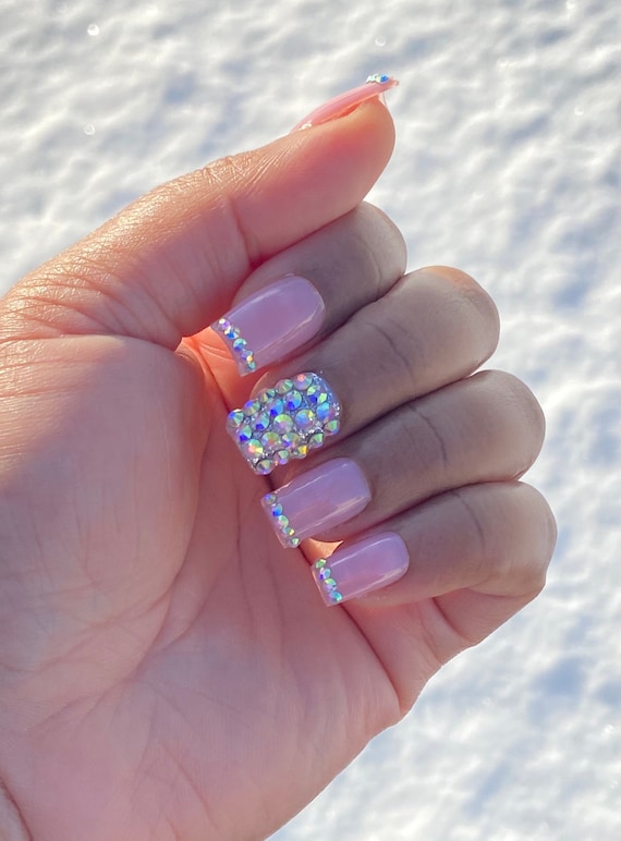 Nude Press on Nails With Rhinestone, Cute Press on Nails - Etsy