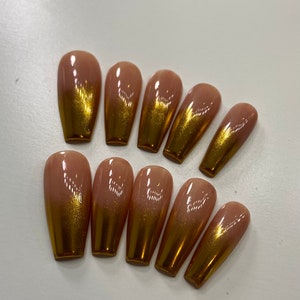 Chrome ombré press on nails | Neutral and gold press ons, medium coffin square| tan press on nails | fall winter nails| gold chrome nails image 3