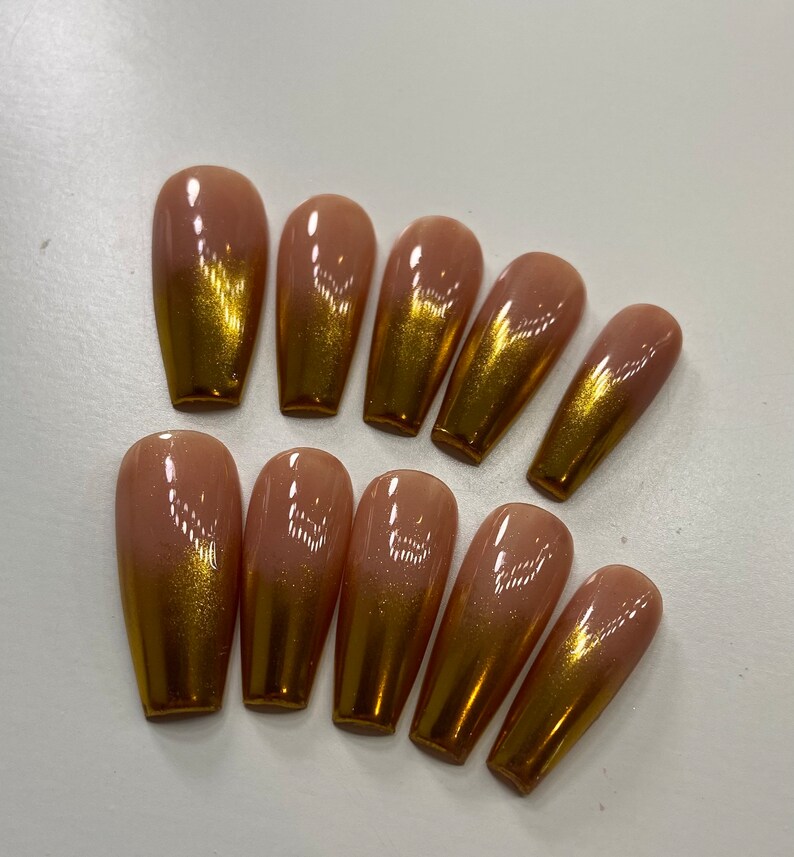 Chrome ombré press on nails | Neutral and gold press ons, medium coffin square| tan press on nails | fall winter nails| gold chrome nails image 3