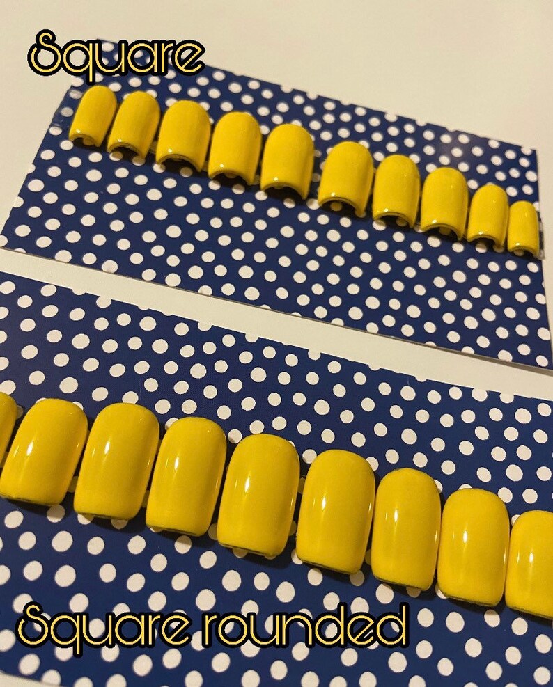 May include: Two rows of yellow press-on nails, one row labelled "square" and the other labelled "square rounded".